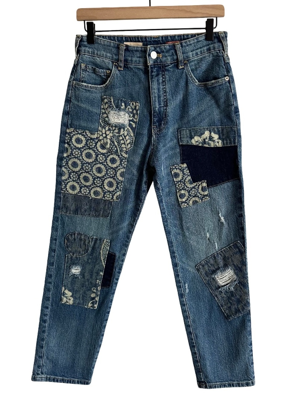 Pilcro The Borrowed Boyfriend Jeans Patchwork Denim Blue Anthropologie 26 2